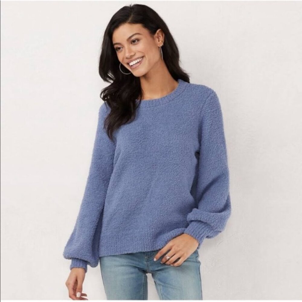 LC Lauren‎ Conrad Blue Fuzzy Knit Sweater Medium Soft Cozy Long Sleeve